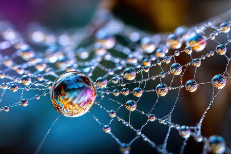 A close-up of a dew-covered spider web, shot with a macro lens, highlighting the intricate patterns and natural beautyの写真素材