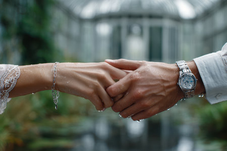 Two hands, one male and one female, clasp together amidst a rainy backdrop in a beautiful garden.の写真素材