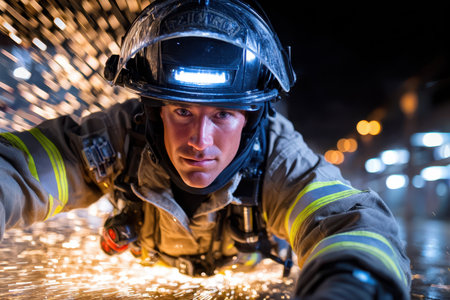 Firefighter in full gear crawls towards the viewer in a blurred action shotの写真素材