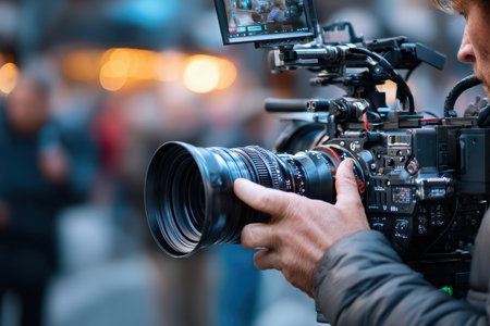 A filmmaker is focused on capturing a lively urban scene with a professional camera during the golden hour.の写真素材