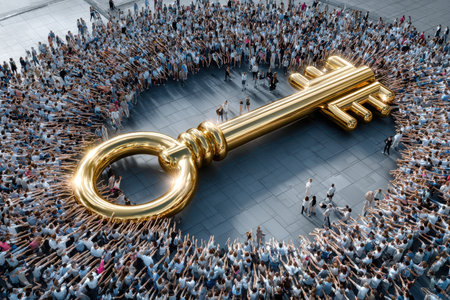 Numerous people reach out towards a massive golden key, illustrating unity and aspirations in a city setting.の写真素材