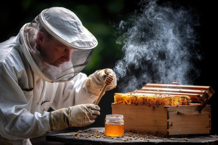 A beekeeper inspects honeycomb while smoke gently rises in a calm outdoor environment during summer.の写真素材