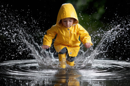 A child joyfully splashes through puddles in a yellow raincoat and boots, enjoying the rainy weather outdoors.の写真素材