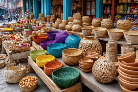 A market stall displays an array of colorful woven baskets and bowlsの写真素材