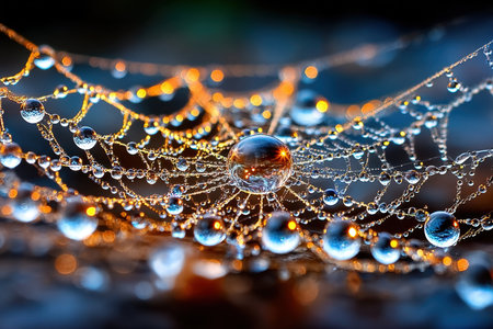 A spiderweb covered in glistening dewdrops at dawnの写真素材