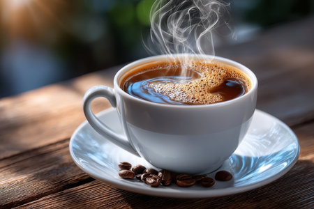 A hot cup of coffee with steam, shot in warm morning light, using a 50mm lens, invoking a sense of comfort and cozinessの写真素材