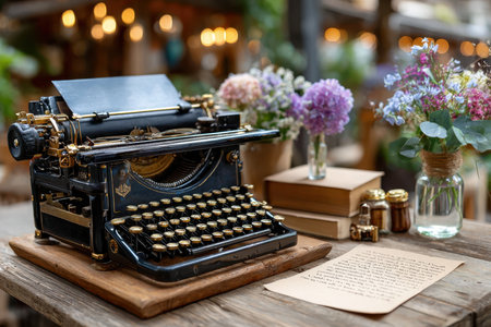 A vintage typewriter sits on a wooden table with flowers, a handwritten letter, and booksの写真素材