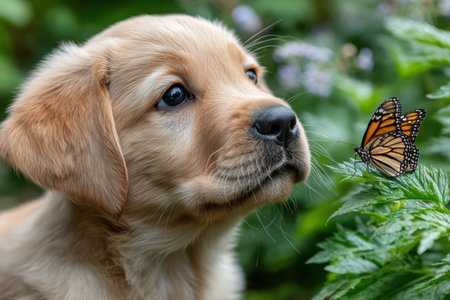 A golden retriever puppy looks at a monarch butterfly on a leafの写真素材