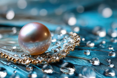 A large pearl rests on a blue feather adorned with diamonds and water dropletsの写真素材