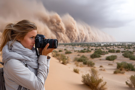 A woman with a camera stands in a desert, focused on capturing an incoming sandstorm as twilight falls.の写真素材