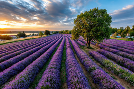 Rows of purple lavender at sunset with a lone tree in the foregroundの写真素材