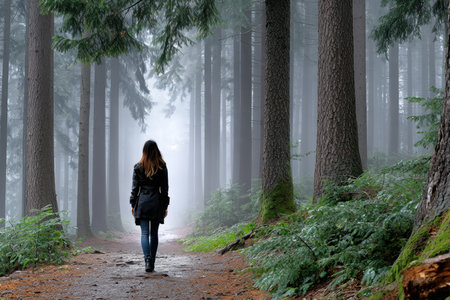 A shot of a woman walking alone in a foggy, mysterious forest, captured with a telephoto lens to create a sense of eeriness and isolation, ultrarealistic photo --ar 3:2 --raw --profile nk3i4wf --stylize 250 --v 7 Job ID: a7f41f15-d250-46b7-87e8-aba414e5af9bの写真素材