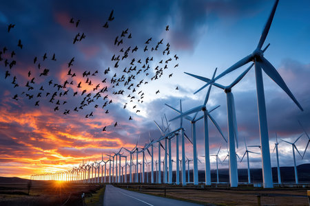 Wind turbines stand in a field at sunset with birds flying overheadの写真素材