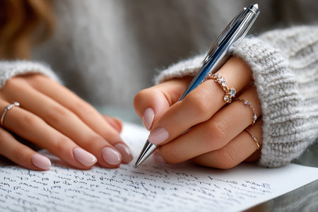 Woman's hands write a letter with an elegant pen, wearing delicate ringsの写真素材