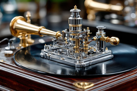 An ornate gramophone featuring detailed craftsmanship plays classic vinyl music in a warm atmosphere.の写真素材