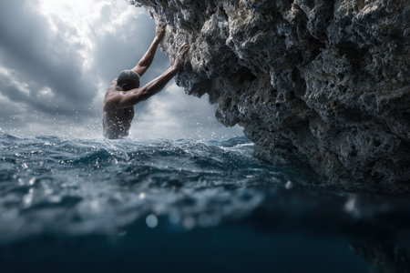 A person is climbing a rugged rock while waves crash around, showing the struggle against nature's force.の写真素材
