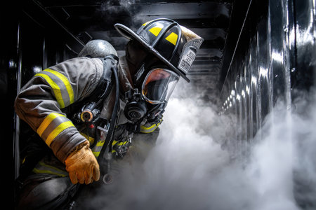 A firefighter equipped with protective gear maneuvers through thick smoke in a controlled training exercise.の写真素材