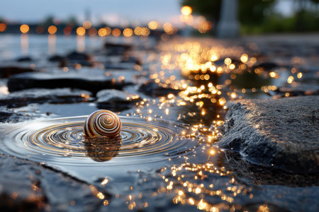 A vibrant shell rests in shallow water with ripples and soft reflections during a sunset by the shore.の写真素材