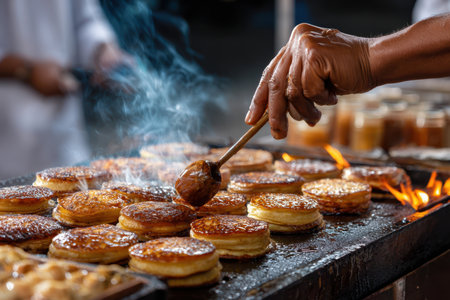 A street vendor skillfully cooks sweet pancakes over an open flame at a night market, attracting hungry visitors.の写真素材