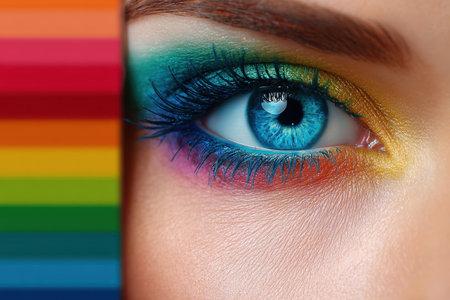 A close-up showcases striking eye makeup featuring vibrant colors and a rainbow palette in the background.の写真素材