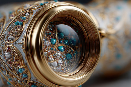 Close-up of a detailed decorative vase featuring gold accents and turquoise embellishments, highlighting artistry.の写真素材