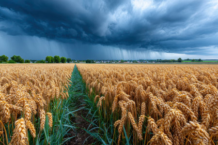 A golden wheat field under a stormy sky, conveying the timeless drama of the elementsの写真素材