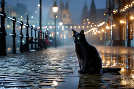 A black cat sits quietly on reflective cobblestones, surrounded by glowing lights in a nighttime cityscape.の写真素材