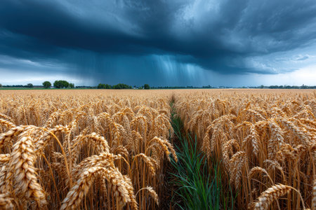A golden wheat field under a stormy sky, shot with a drone, conveying the timeless drama of the elementsの写真素材
