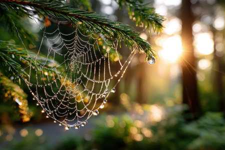 A spiderweb covered in morning dew hangs from a pine branchの写真素材