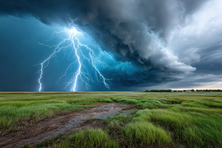 A dramatic thunderstorm over a desolate prairie, shot with a wide-angle lens, capturing the raw power and beauty of natureの写真素材