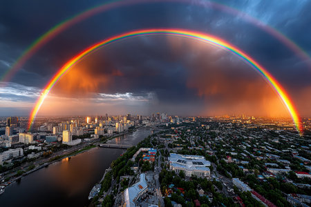 Aerial view of a city skyline with a double rainbow at sunsetの写真素材