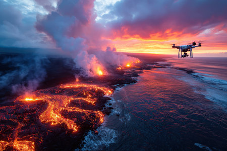 A drone captures a volcanic eruption flowing into the ocean at sunsetの写真素材
