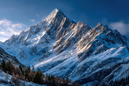 A snowcapped mountain peak rises against a clear blue sky above a line of treesの写真素材