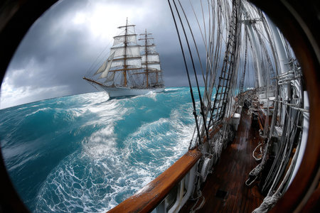 A fisheye view of a tall ship sailing on a rough seaの写真素材