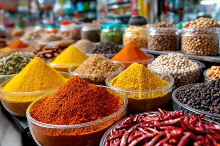 Bowls of colorful spices and dried chilies displayed at a market stallの写真素材