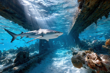 A shark swims beneath a decaying shipwreck in crystal clear watersの写真素材