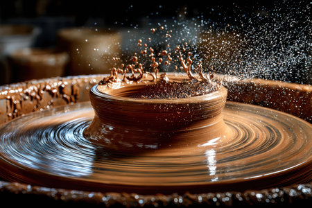 Wet clay spins on a pottery wheel, water droplets splashingの写真素材