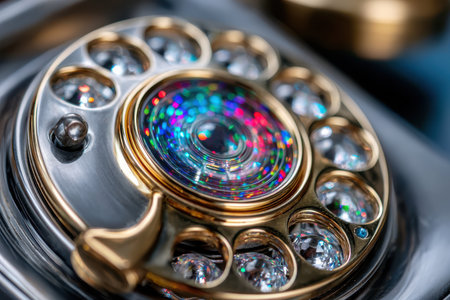 This pocket watch features colorful reflections and detailed craftsmanship, highlighting fine artistry and design.の写真素材