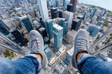 Visitors enjoy breathtaking views while standing on a ledge overlooking a bustling metropolis below.の写真素材