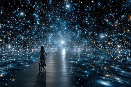 A child rides a bicycle across a vast, shimmering galaxy filled with stars and cosmic elements.の写真素材