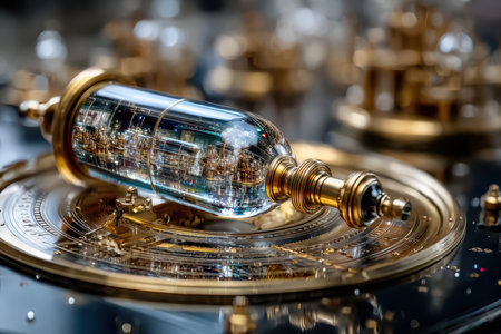 A complex steampunk device made of glass and brass rests on a crafted surface in a workshop showcasing artistry.の写真素材