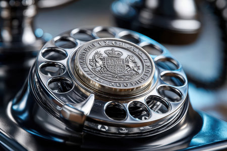 Close-up of a vintage rotary phone dial highlighting intricate metal details and craftsmanship.の写真素材
