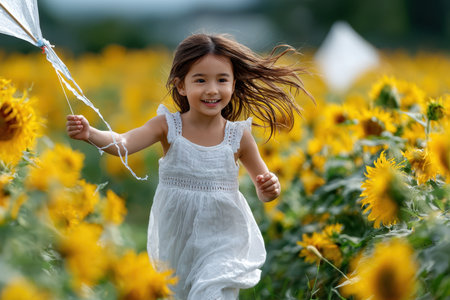 A girl in a white dress runs happily among tall sunflowers, holding a kite in her hand on a bright day.の写真素材