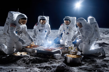 Four astronauts enjoy a barbecue on the moon, grilling food while exploring the lunar landscape at night.の写真素材