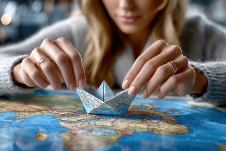A person folds a map into a paper boat, surrounded by travel plans and a world map on a table.の写真素材