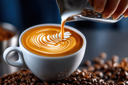 A barista pours milk into a cup of latte art coffeeの写真素材