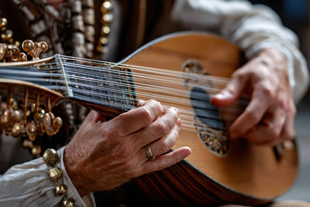 Hands skillfully strum the strings of a lute, drawing attention in a rich cultural ambiance at an event.の写真素材