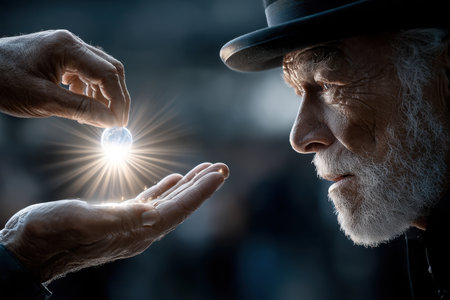 An elderly man intently observes a radiant orb as another hand presents it to him, creating a captivating moment.の写真素材