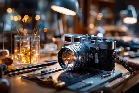 A vintage camera on a photographer's workbench, under focused, warm light, shot with a 35mm lens, with a surprise element of a ghostly figure reflected in the lensの写真素材