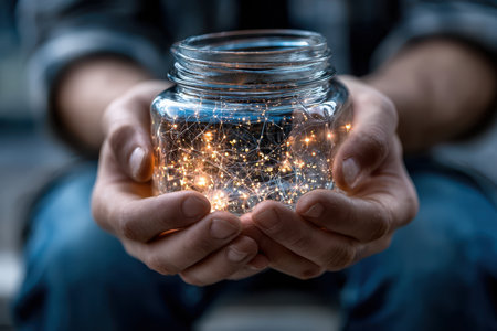 A person gently holds a jar containing glowing lights, creating a warm and magical atmosphere at dusk.の写真素材